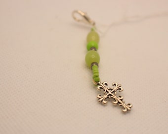 Zipper Pull w/ Lime Green Beads and Ornate Silver Cross