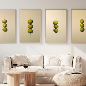 Juego de 4 impresiones de aceitunas para cócteles, póster de martini, menú de cócteles, póster de alcohol, bebidas de barra de cocina/descarga digital/varios tamaños