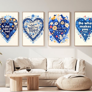 Set van 4| Blauwe hartprint| Retro trendy muurkunst| Blauwe preppy kamerdecoratie| Appartement esthetische blauwe kunst| Digitale download| Verschillende maten