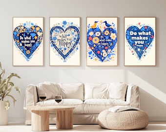 Juego de 4 láminas / Estampado de corazón azul / Arte mural retro moderno / Decoración azul estilo preppy para habitaciones / Arte azul con estética de apartamento / Descarga digital / Varios tamaños