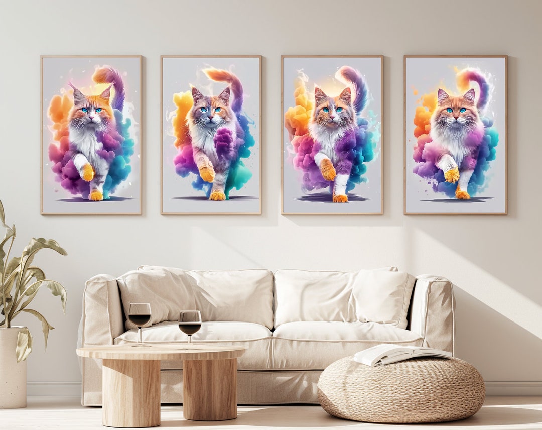 Set of 4 | Misty Meow | Animal | Cat | Digital Art Print | Wall Art ...