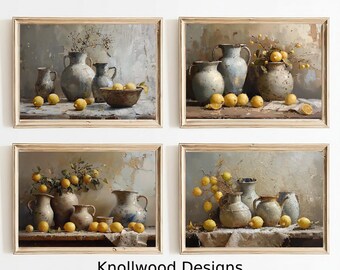 May include: Four framed still life paintings of rustic pottery and lemons. Each painting features a different arrangement of pottery and lemons, with a neutral background.
