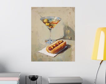 Hot Dog &  Dirty Martini Print | Still Life Art | Food and Drink Funny Art | Cocktail Cart Decor| Various Sizes Available