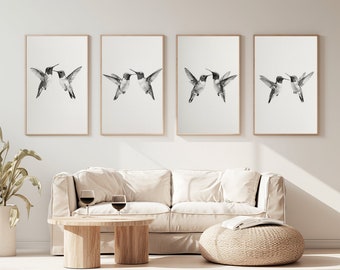 Set of 4 | Vintage Art Print | Two Hummingbirds Print | Hummingbirds Artwork | Minimalist Black and White | Digital Download | Various Sizes