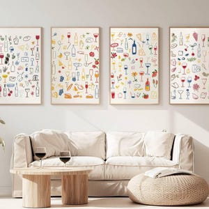 Set van 4 | Retro eettafel print, eten en drinken kunst, keukengalerij kunst aan de muur, barwagen print| Digitale download | Verschillende maten beschikbaar