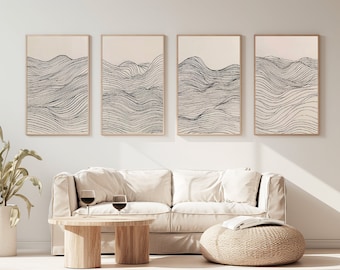 Set of 4 | Minimalist Lines Art | Neutral Beige Print, Beige Printable Art, Abstract Line Drawing Print | Digital Download | Various Sizes