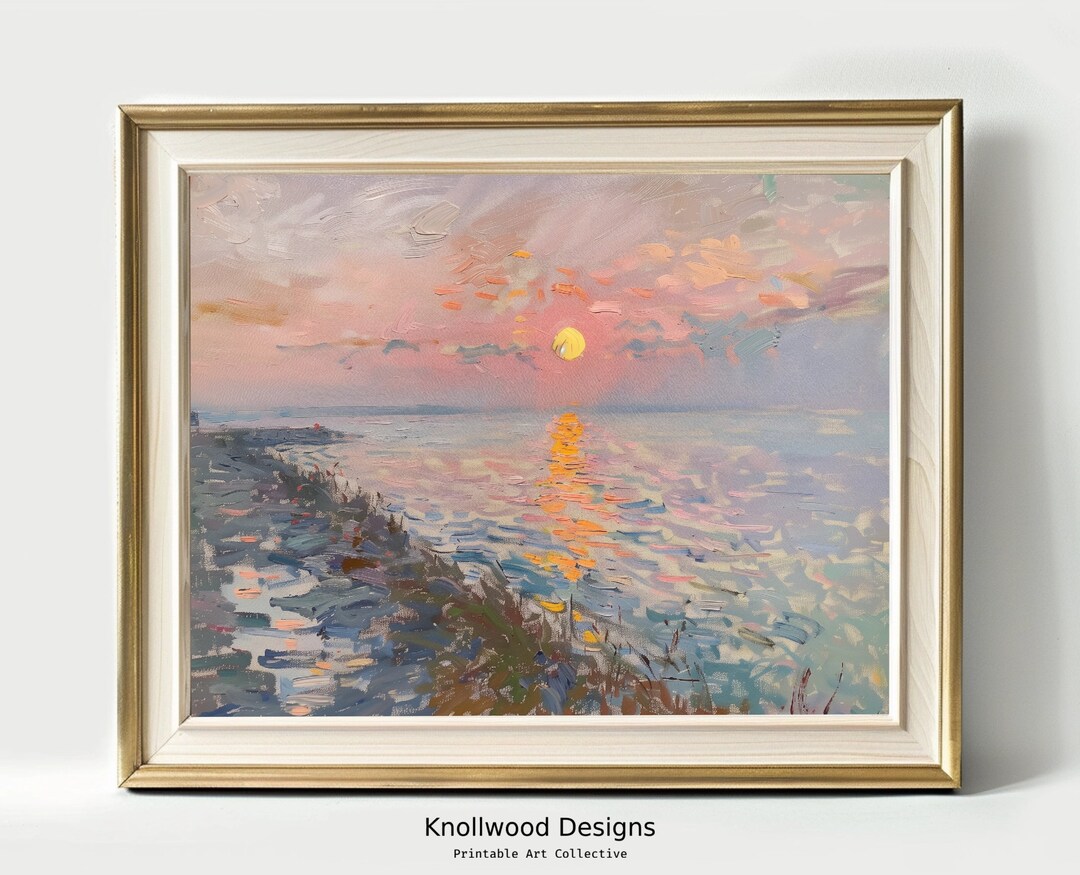 Ocean Sunset Painting | Vintage Sunrise | Pink Coastal Wall Art ...