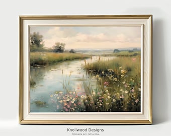 May include: A framed painting of a tranquil landscape with a river flowing through a field of wildflowers. The sky is a soft blue with fluffy white clouds. The painting is in a light wood frame with a gold trim.