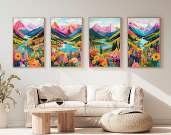Colorful Mountain Floral Print Set | Abstract Scenery Art (Digital Download)