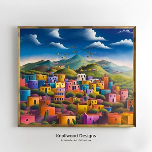 May include: A colourful painting of a village nestled in a valley with hills in the background. The village is made up of brightly coloured houses with red, yellow, blue, green, and purple roofs. There are kites flying in the sky above the village.