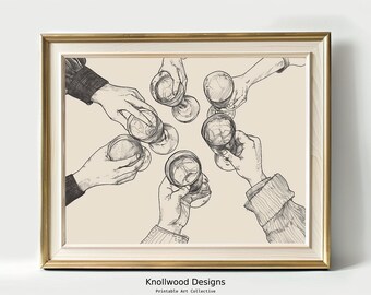 Puede incluir: Un dibujo en blanco y negro de seis manos sosteniendo copas de vino, creando un círculo en el centro de la imagen. La imagen está enmarcada en un marco dorado.