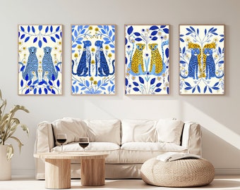 Juego de 4 láminas / Guepardos azules y margaritas doradas / Decoración colorida para el hogar con animales / Decoración de pared / Descarga digital / Varios tamaños