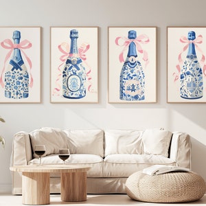 Conjunto de 4 / Arte de la pared del arco / Decoración del carrito de la barra blanca azul / Arte de la pared preppy rosa / Cartel de vacaciones grandmillenial / Descarga digital / Varios tamaños