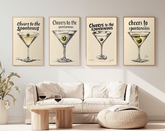 Set of 4 | Cheers Bar Cart | Vintage Bar Cart | Trendy Retro Bar | Alcohol Poster | Martini Wall Art | | Digital Download | Various Sizes