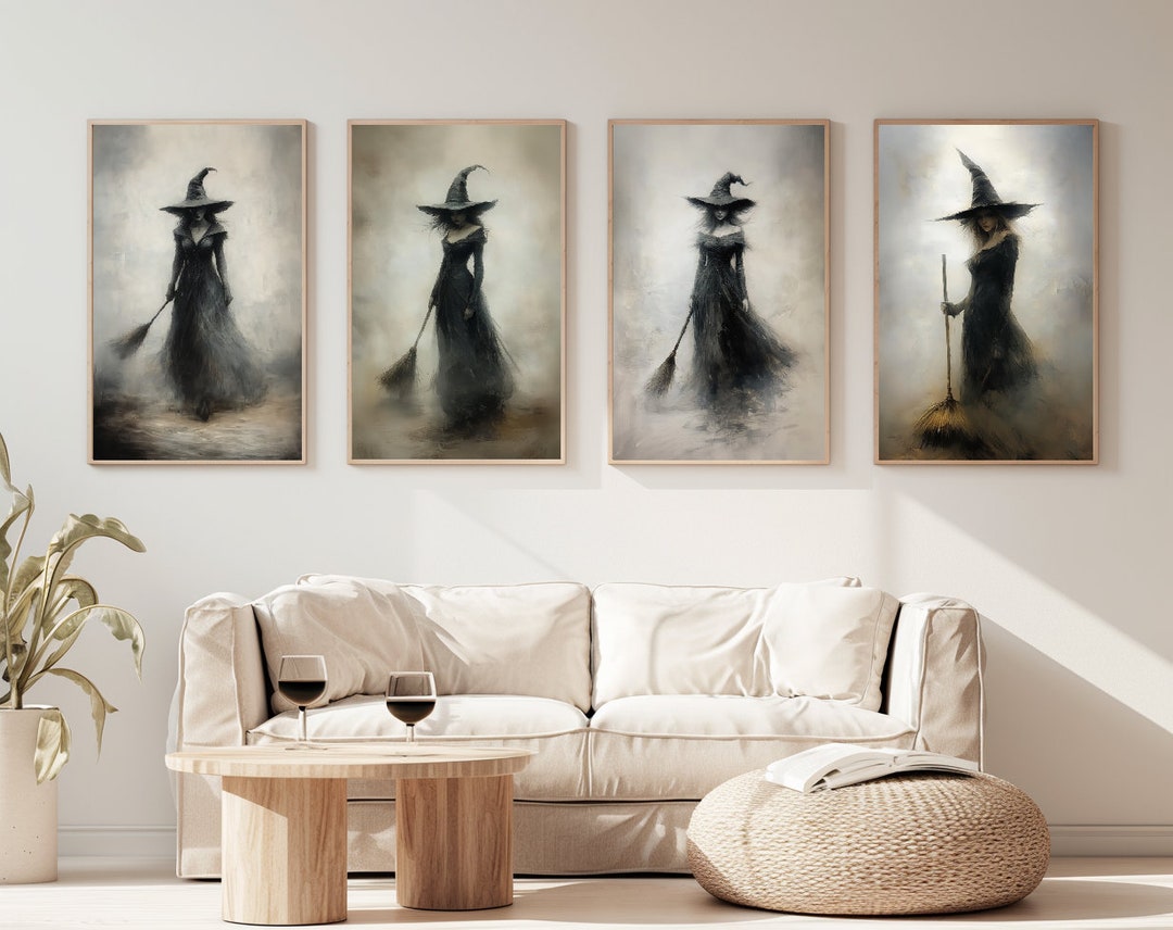 Set of 4 | Halloween Witch Print, Vintage Witchy Art, Rustic Neutral ...