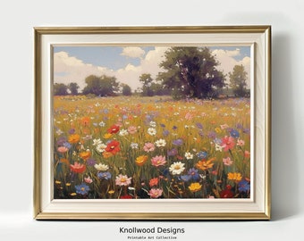 May include: A painting of a field of wildflowers in various shades of pink, yellow, white, blue, and red. The flowers are in a field with green grass and a blue sky with white clouds in the background. There are trees in the distance.
