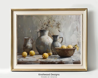 May include: A still life painting featuring a collection of gray ceramic jugs and a bowl of yellow lemons on a white tablecloth. The background is a textured gray wall with a sprig of dried flowers.
