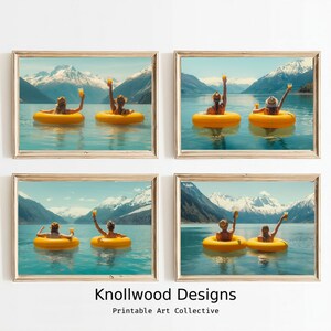May include: Four framed prints of people floating in yellow inner tubes on a lake with mountains in the background. The people are holding up drinks and smiling. The prints are all the same size and have a light wood frame.