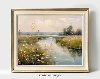 May include: A painting of a river flowing through a field of wildflowers. The sky is a soft blue with white clouds. The river is a light blue with reflections of the sky and trees. The wildflowers are a mix of white, pink, and yellow.