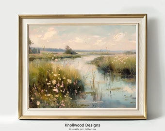 May include: A painting of a river scene with a light blue sky, green grass, and white flowers. The river is winding through the grass and the sky is reflected in the water.