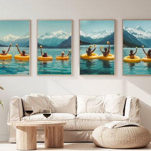 Set of 4 |Women Drinking On lake, Colored Vintage Wall Art, Funny Picnic On Floaties Art, Ocean Wall Decor, Digital Download | Various Sizes