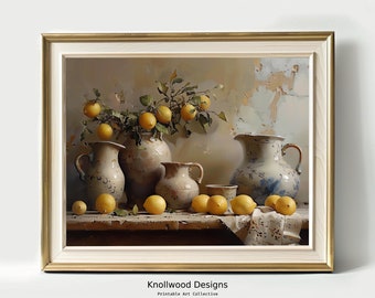 May include: A still life painting of lemons and ceramic pitchers. The lemons are arranged on a wooden table with a white cloth. The pitchers are decorated with blue and white patterns. The background is a textured wall with a light brown color.