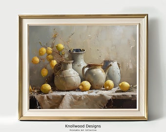 May include: A framed still life painting featuring yellow lemons, branches, and several ceramic vases. The artwork has a neutral color palette with a beige background and a light wooden frame. The text "Knollwood Designs" is visible.