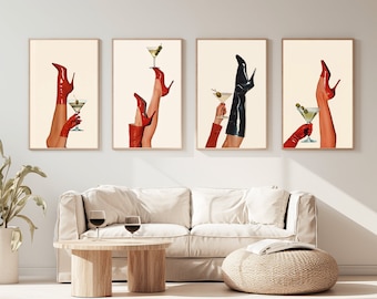 Lot de 4| Art de bas en haut | Bottines rouges Martini Art| Chariot de bar Art| Femme fatale| Fille cerise | Impression d'art Martini | Téléchargement numérique | Différentes tailles