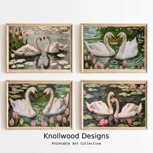 Set of 4 | Swan Art | Vintage Swan Lake | Trendy Retro | Digital Download | Various Sizes Available