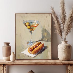ホットドッグとダーティマティーニのプリント | 静物画 | 食べ物と飲み物の面白いアート | カクテルカートの装飾 | デジタルダウンロード | さまざまなサイズをご用意
