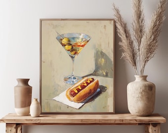 Hot Dog &  Dirty Martini Print | Still Life Art | Food and Drink Funny Art | Cocktail Cart Decor| Digital Download | Various Sizes Available