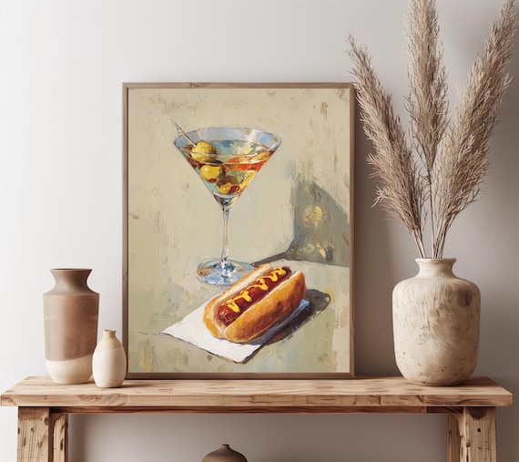 Hot Dog &  Dirty Martini Print | Still Life Art | Food and Drink Funny Art | Cocktail Cart Decor| Digital Download | Various Sizes Available