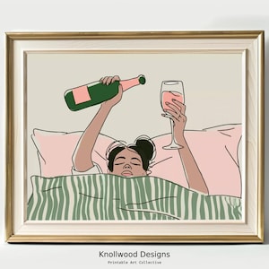 Wine in Bed Art | Above Bed Horizontal Art | Art Bar Cart Decor | Woman Drinking Wine in Bed Art| Digital Download | Various Sizes Available