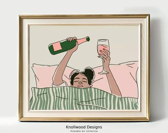 Woman in Bed Wine Art Print | Girly Bedroom Decor (Digital Download)