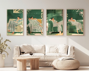 Set of 4 | Emerald Green Abstract People Art Contemporary Minimalist Print Living Room Art Stripe Woman  | Digital Download | Various Sizes