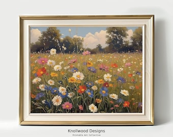 May include: A painting of a field of wildflowers in various shades of pink, purple, yellow, white, and red. The flowers are in full bloom and are surrounded by green grass. The background of the painting is a forest with a blue sky and white clouds.
