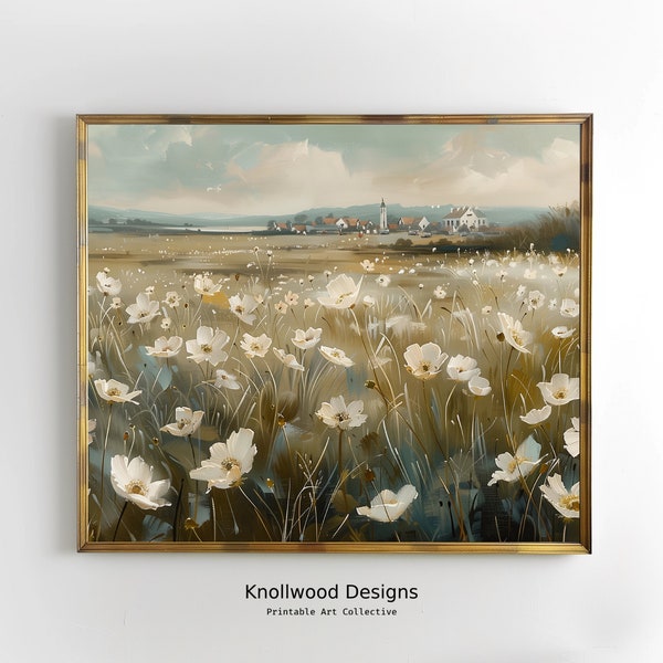 Spring Landscape Scene | Farmhouse Decor | Vintage Meadow Scene | Digital Download