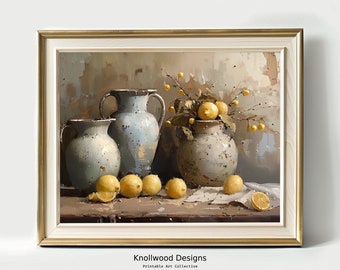 May include: A still life painting featuring three ceramic vases with a rustic, aged look. The vases are filled with lemons and a sprig of green leaves. The background is a muted brown and beige.