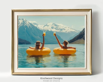 Women Drinking On lake | Colored Vintage Wall Art | Funny Picnic On Floaties Art | Ocean Wall Decor | Digital Download | Various Sizes