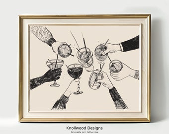 Puede incluir: Dibujo en blanco y negro de siete manos sosteniendo vasos de diferentes bebidas. Los vasos están llenos de diferentes bebidas, incluyendo cócteles, vino y otras bebidas. Las manos están levantadas en un brindis, lo que sugiere una reunión festiva.