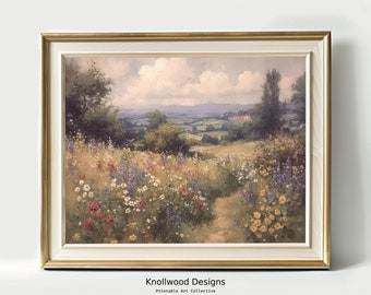 May include: A painting of a lush green field with a winding path leading to a distant view of a valley and rolling hills. The field is filled with colorful wildflowers, including red, yellow, and blue blooms. The sky is a soft blue with fluffy white clouds.