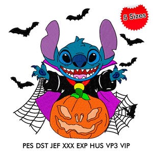 Stitch Vampire Halloween Machine Embroidery Design, Cute Character with Bat and Pumpkin Fall & Spooky Season, Instant Download