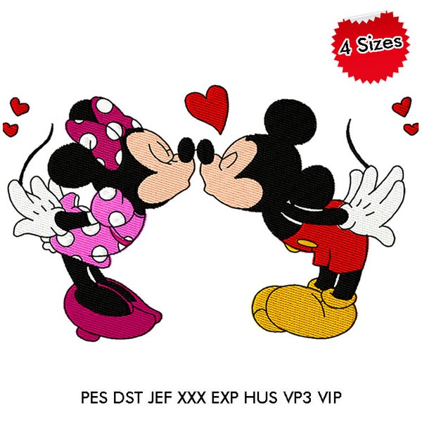 Valentine’s Day Mickey And Minnie Love Kiss Heart Machine Embroidery Design, 4 sizes, 8 formats, Embroidery Patterns Files, Instant Download