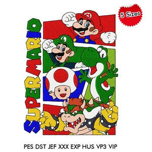 May include: A colorful embroidery design featuring Super Mario characters, including Mario, Luigi, Yoshi, and Toad. The design includes the text "SUPER MARIO" and "PES DST JEF XXX EXP HUS VP3 VIP".