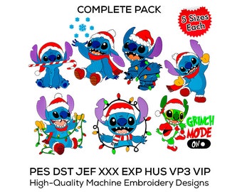 May include: A set of 7 Christmas-themed embroidery designs featuring Stitch from Lilo & Stitch. The designs include Stitch wearing a Santa hat, holding a candy cane, and decorating a Christmas tree. The text "Grinch Mode On" is also included in the design set.