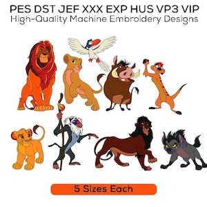 May include: A set of 10 machine embroidery designs featuring characters from the Lion King movie. The designs include Simba, Nala, Pumbaa, Timon, Scar, Mufasa, and more. The designs are available in 5 sizes each.