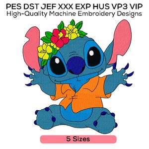 Cute Stitch Embroidery Design – Hawaiian Stitch with Flowers – Disney Inspired Machine Embroidery for Kids – Digital Download