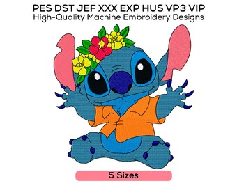 May include: A cartoon character with blue fur, large black eyes, and pink ears, wearing an orange shirt and a flower crown. The image includes the text "High-Quality Machine Embroidery Designs" and "5 Sizes".