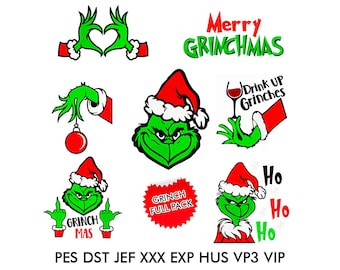 Op de afbeelding: Een set digitale snijbestanden met het Grinch-personage in verschillende poses, waaronder een hartvorm, het vasthouden van een kerstbal en het dragen van een kerstmanmuts. De tekst "Merry Grinchmas", "Drink Up Grinches", "Grinch Mas", "Grinch Full Pack" en "Ho Ho Ho" is ook inbegrepen.
