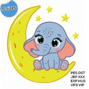 Baby Elephant On The Moon Embroidery, Baby Stars Embroidery, Cute Embroidery, Kids Embroidery, Funny Machine Embroidery, Instant Download